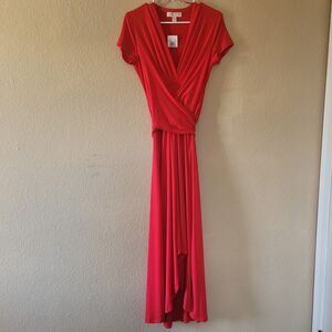 Michael Kors High-Low Faux-Wrap Dress True Red Size Medium Short Sleeve Nwt